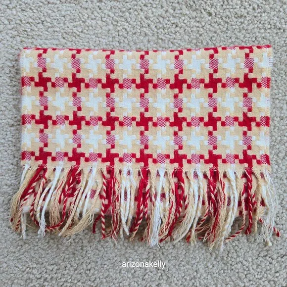 Woven Cashmere Houndstooth Scarf Red Tan White Pink - Picture 13 of 16